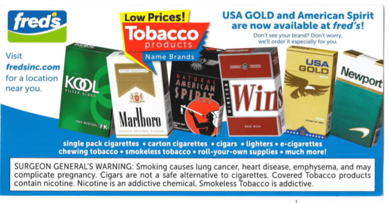 A pharmacy chain's tobacco price flyer listing cigarette brands, delivered as saturation mail